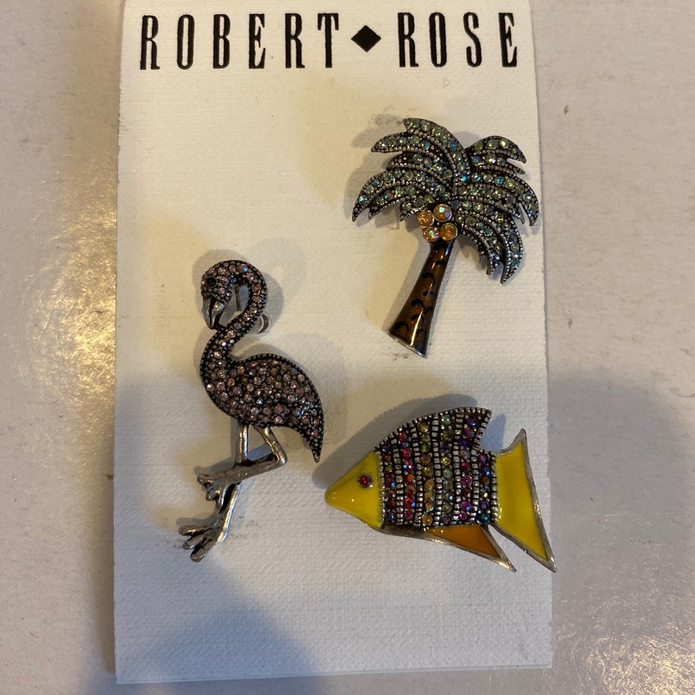 ROBERT ROSE Brooch Pin Yellow Flamingo Palm Fish